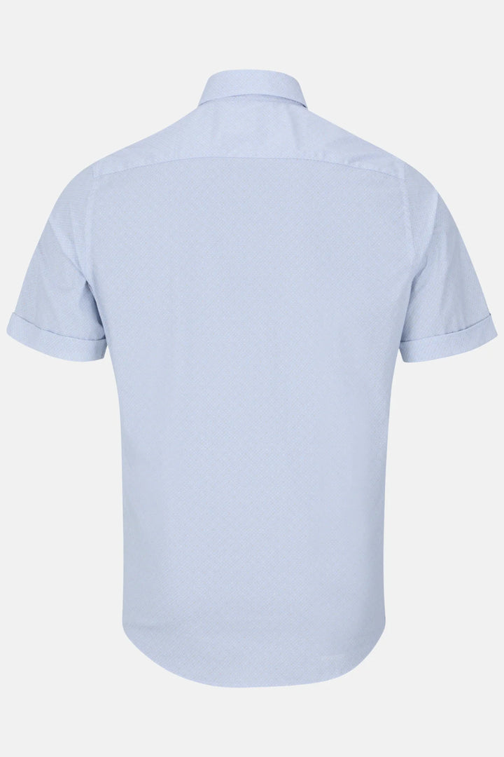 Light blue short-sleeve button-up shirt back view with collar and relaxed fit