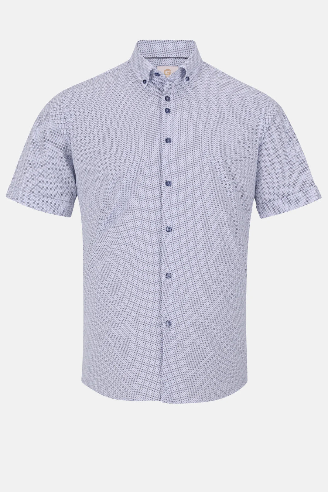Short-sleeve button-up shirt in light blue micro-pattern, front view with button placket