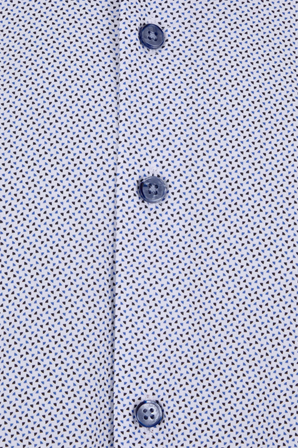 Short-sleeve button-up shirt in light blue micro-pattern, showing front buttons
