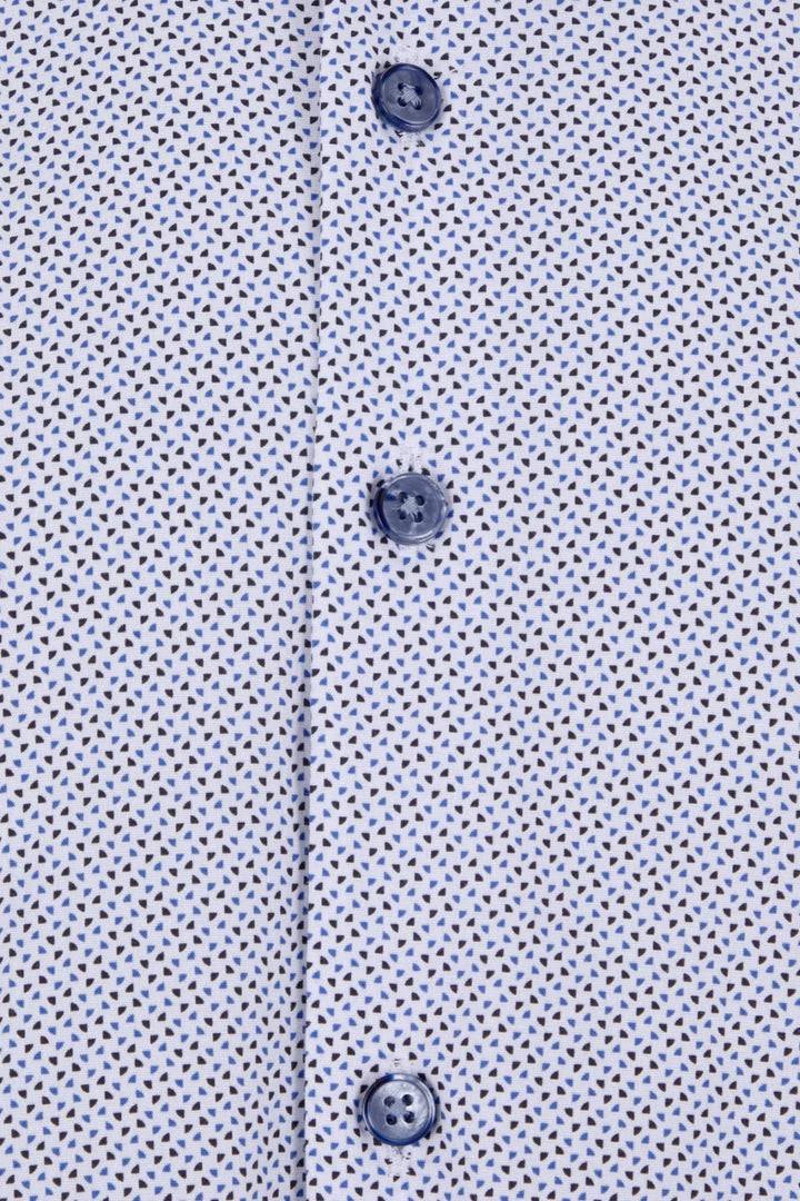 Short-sleeve button-up shirt in light blue micro-pattern, showing front buttons