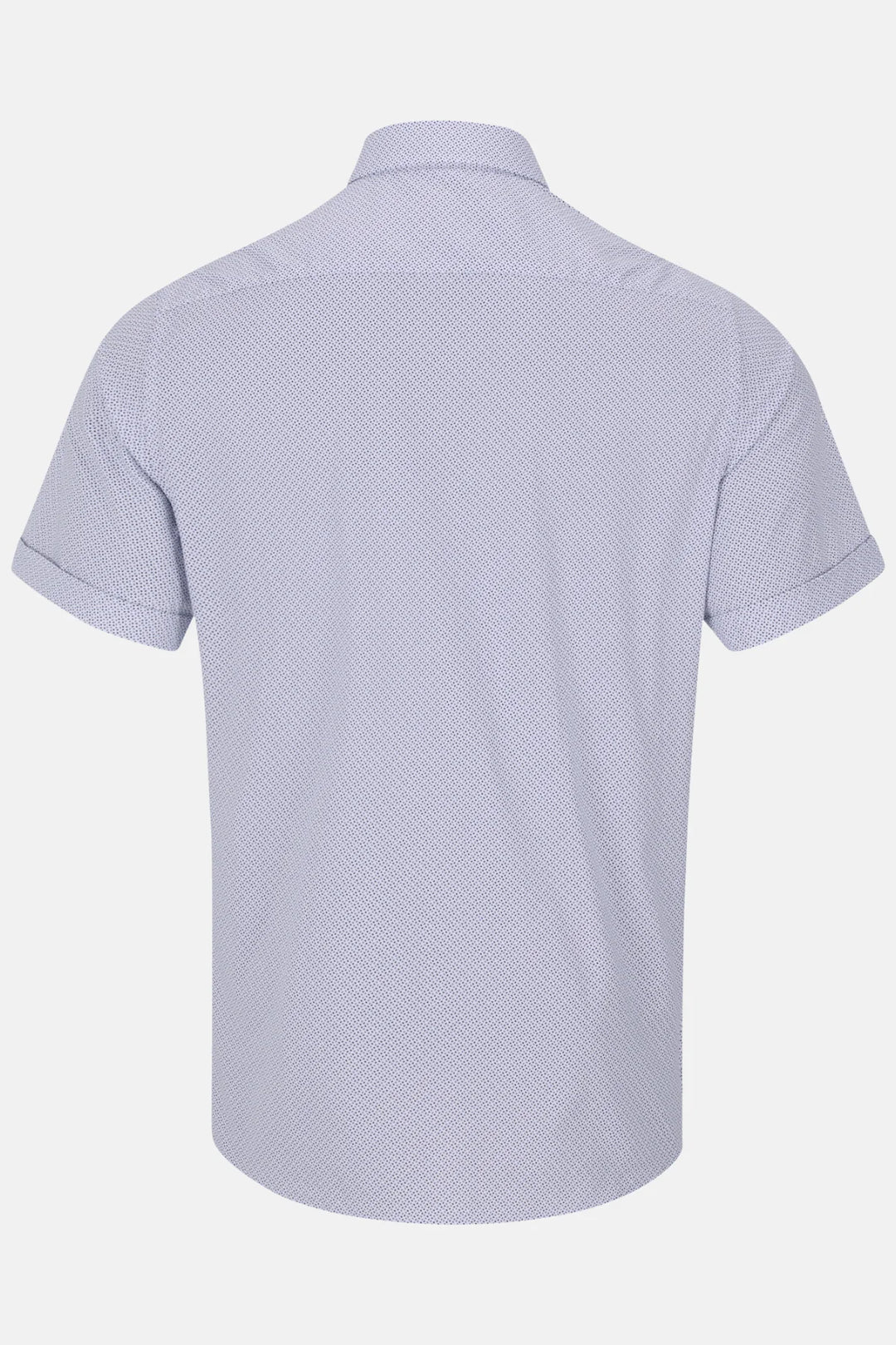 Short-sleeve button-up shirt in light blue, back view with collar and yoke