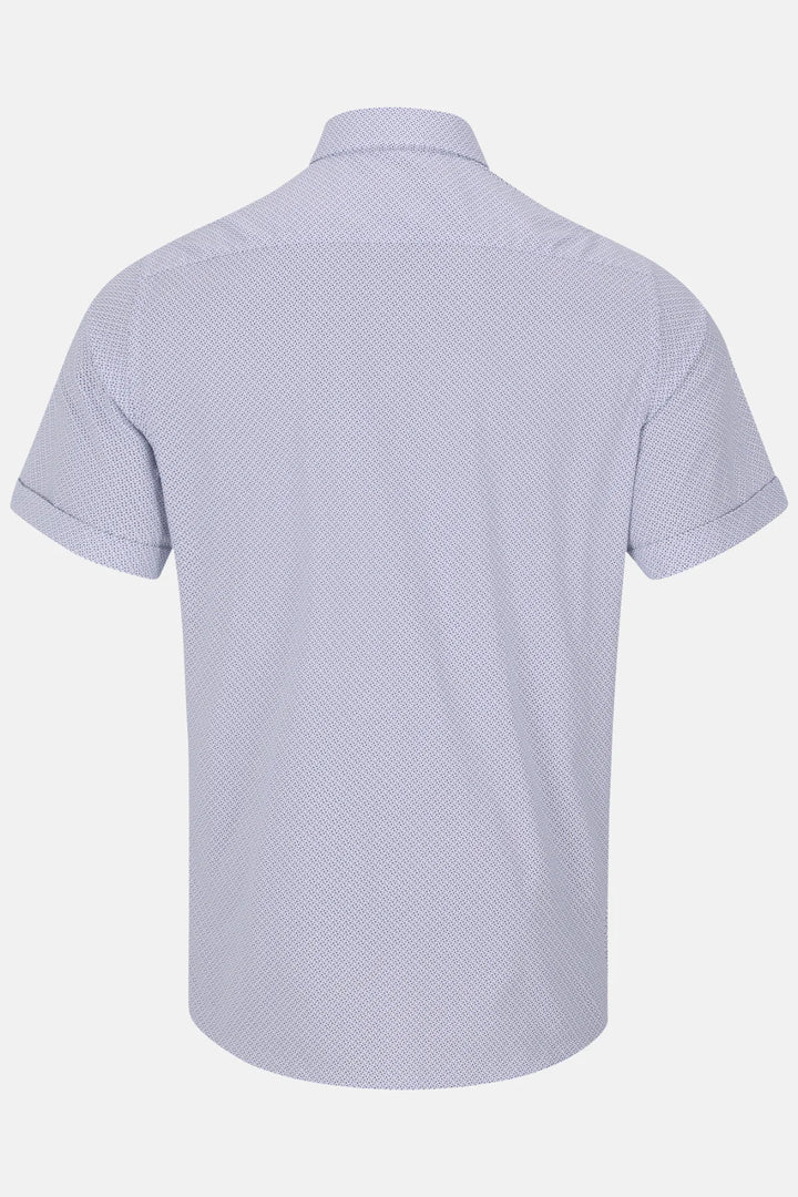 Short-sleeve button-up shirt in light blue, back view with collar and yoke
