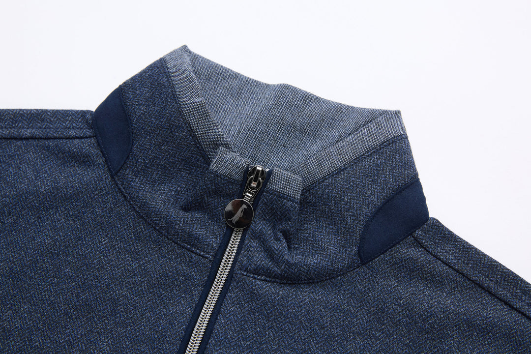 Dark blue herringbone 1/4-zip top with stand collar and zipper placket
