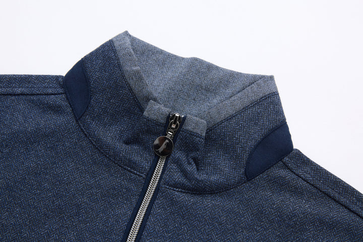 Dark blue herringbone 1/4-zip top with stand collar and zipper placket