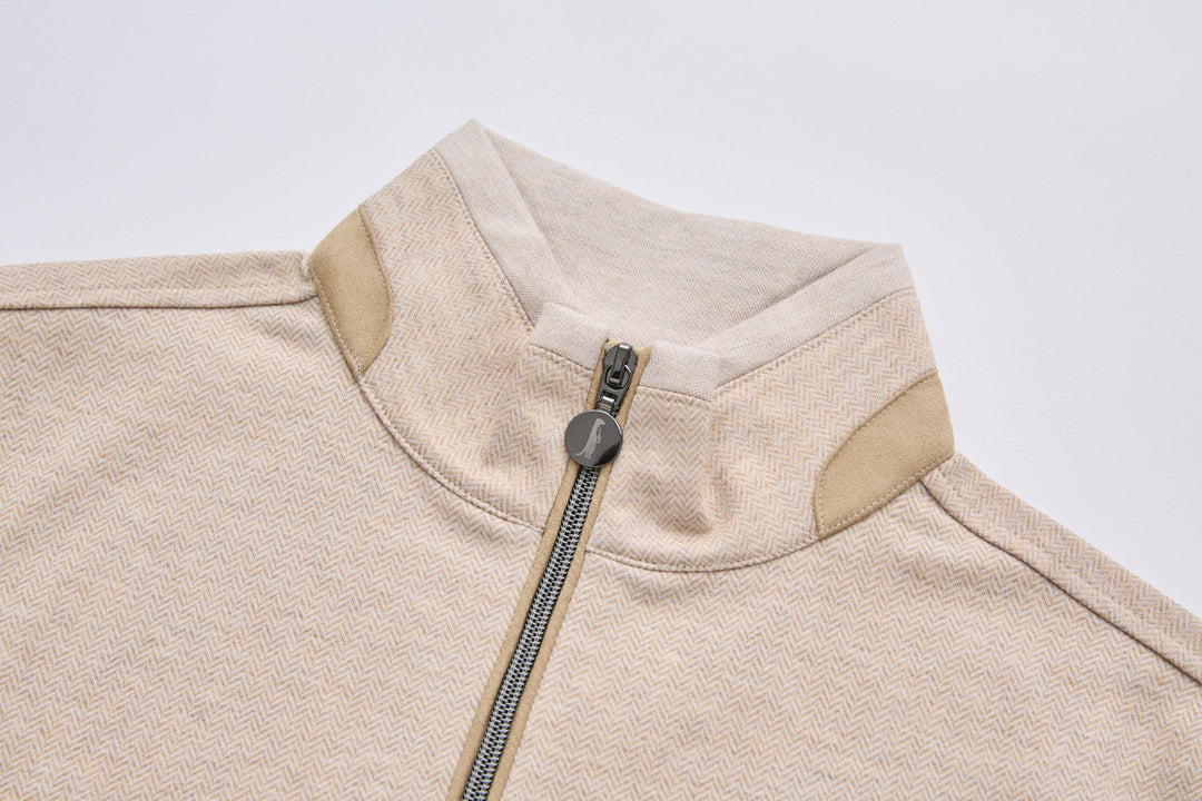 1/4-zip top neckline with quarter zipper and ribbed collar in mushroom-beige