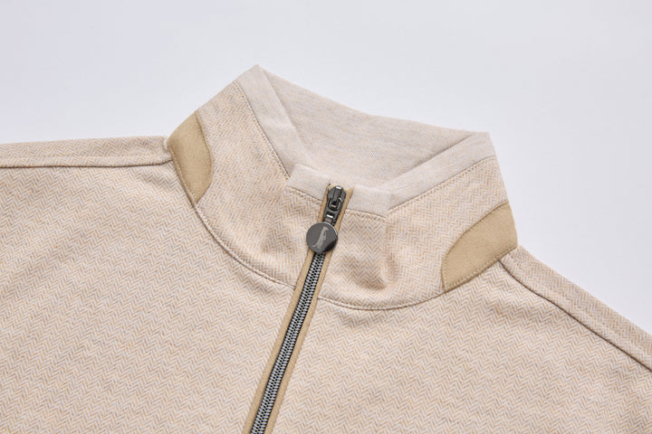 1/4-zip top neckline with quarter zipper and ribbed collar in mushroom-beige
