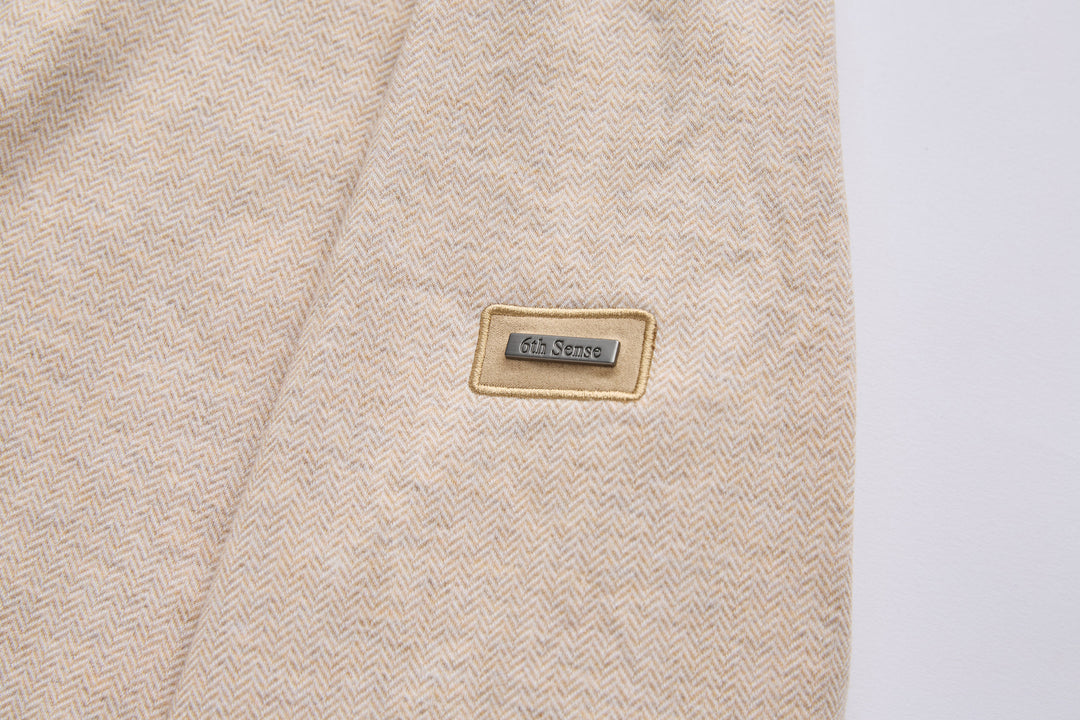 Men’s 1/4-zip top, herringbone knit, mushroom-beige with logo patch