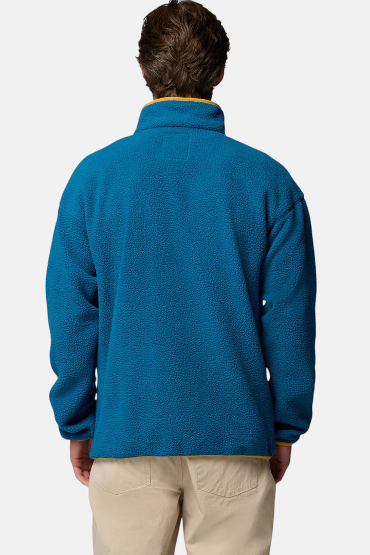 Men's blue fleece pullover with stand collar, back view