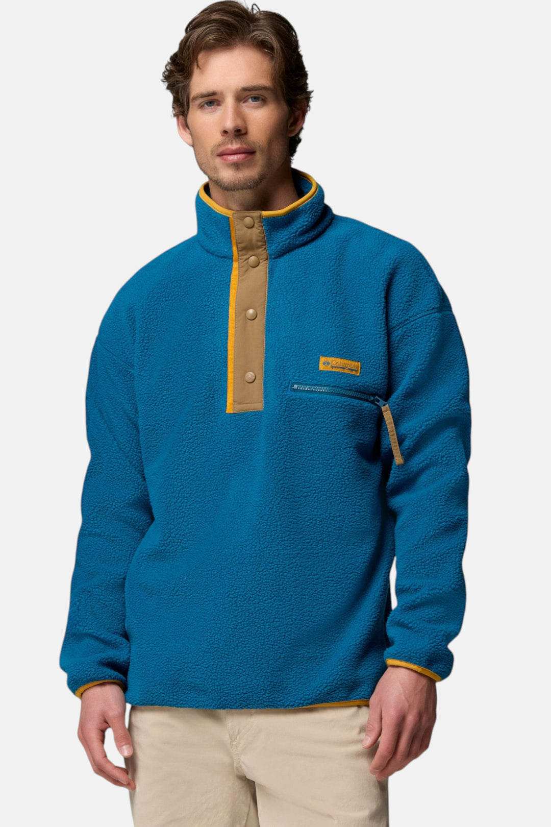 Men's blue fleece pullover with half-snap placket, tan trim, chest pocket