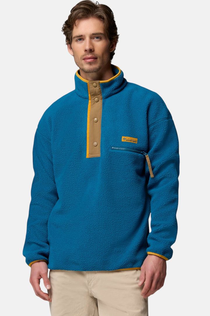 Men's blue fleece pullover with half-snap placket, tan trim, chest pocket