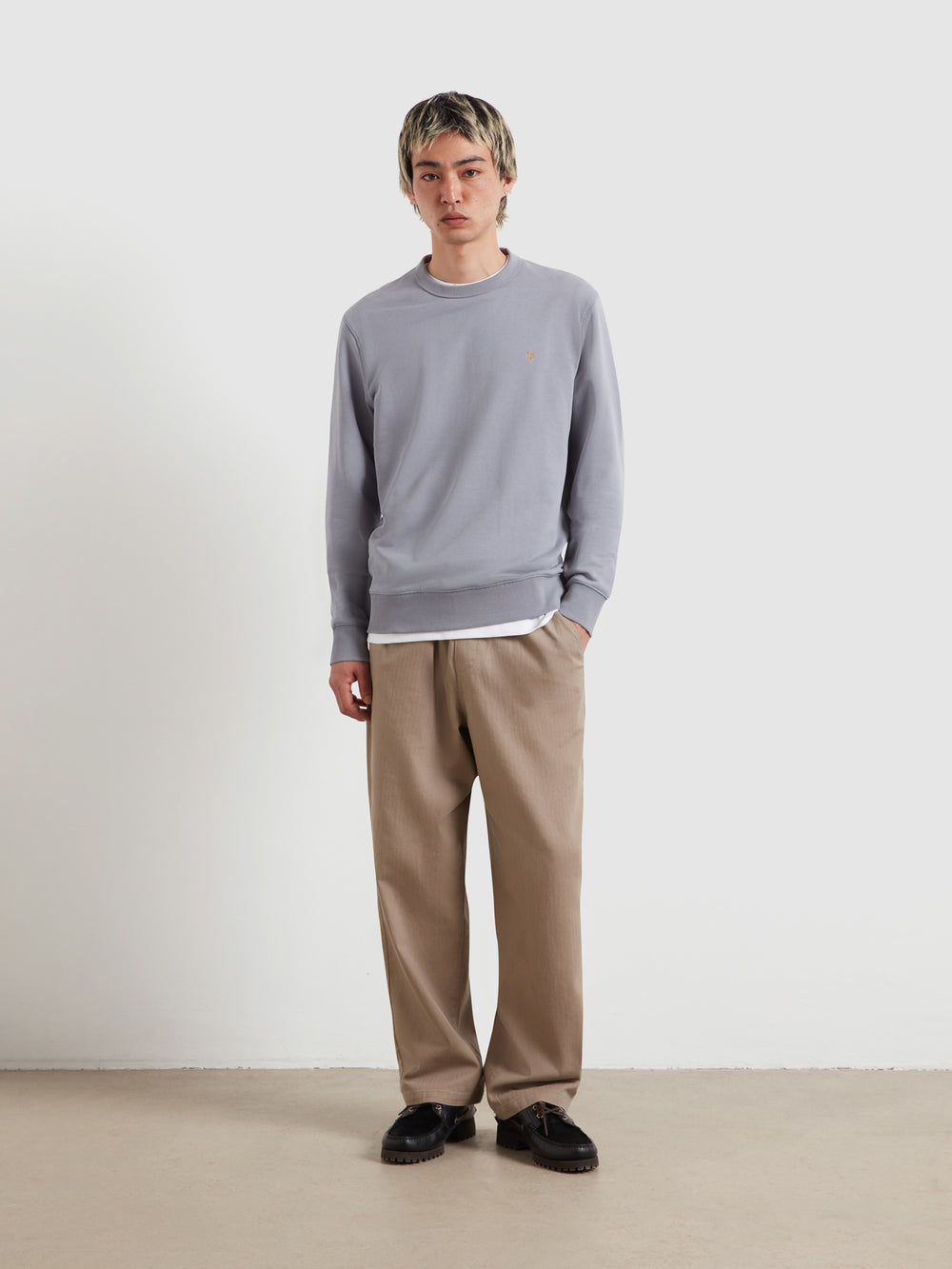 Farah Hemming crew jumper, light blue with ribbed cuffs and small chest logo