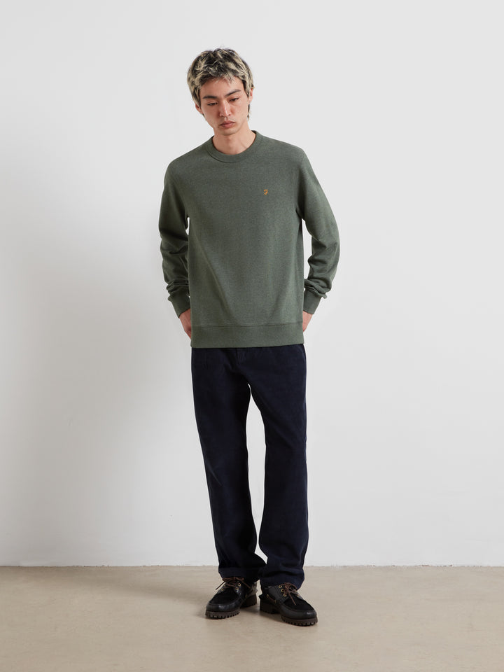 Men's crew neck jumper in dark green marl, long sleeves, straight hem, chest logo