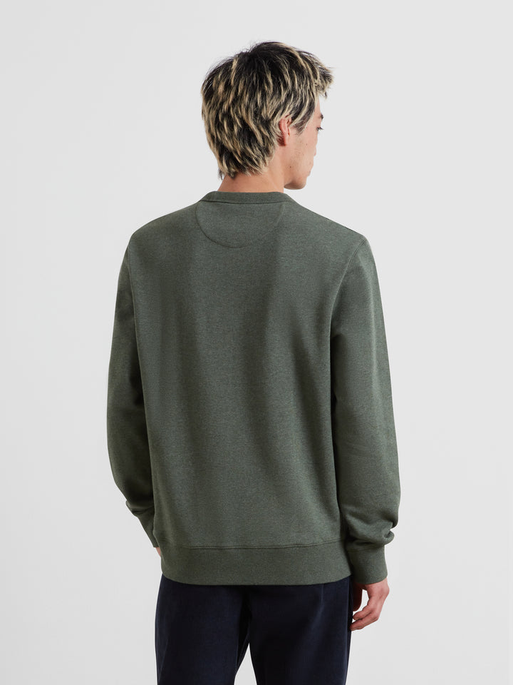 Men's crew neck jumper back view in dark green marl with ribbed hem and cuffs