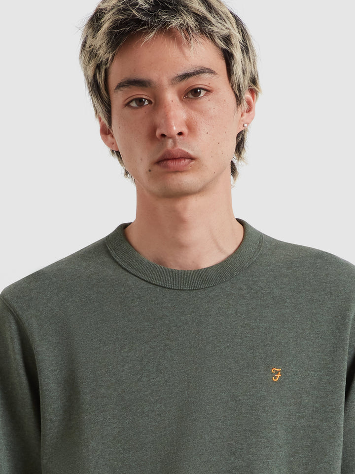 Men's crew neck jumper in dark green marl with small chest logo