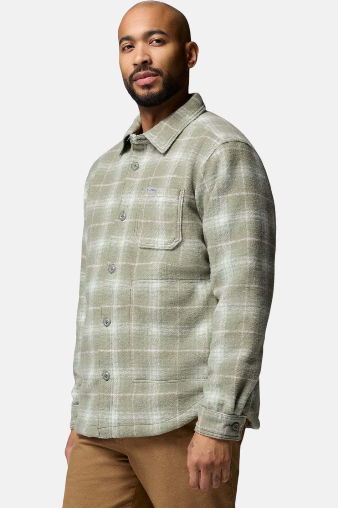 Men's sage green plaid shirt jacket with button front and chest pocket, side profile