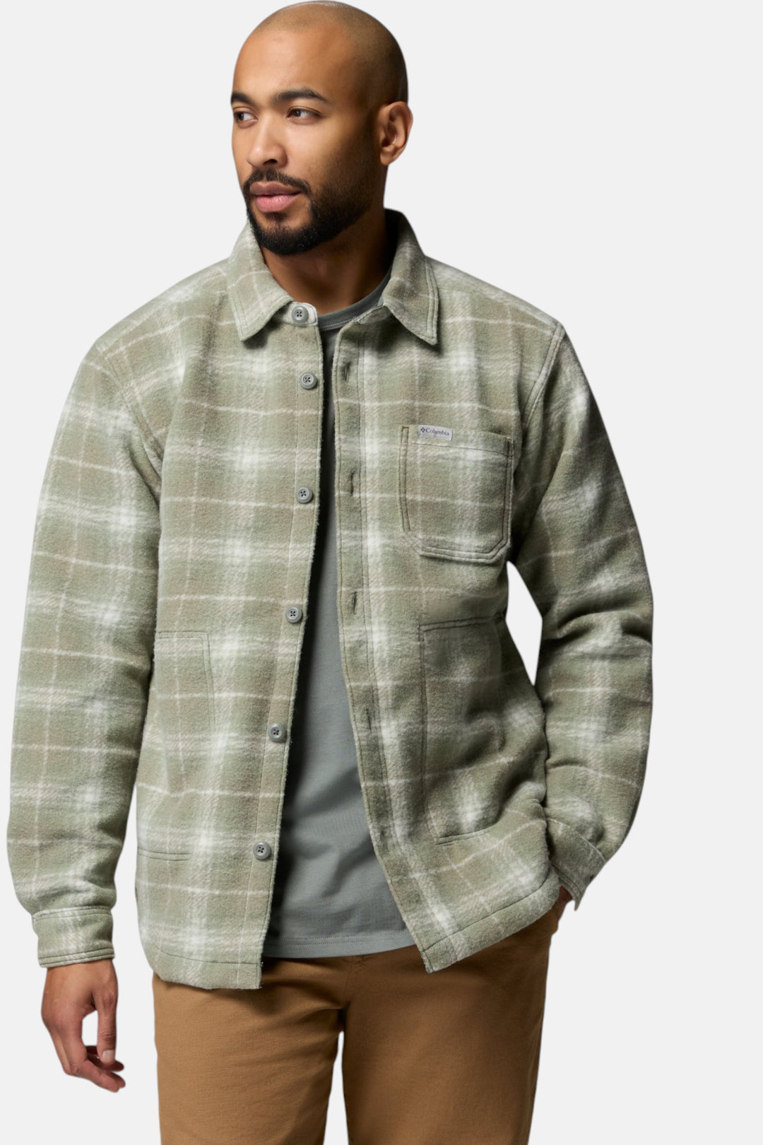 Men's sage green plaid shirt jacket with button front and chest pocket, side view