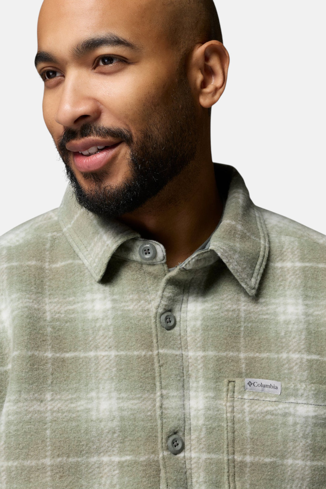 Men's sage green plaid shirt jacket with button front, point collar, and chest pocket