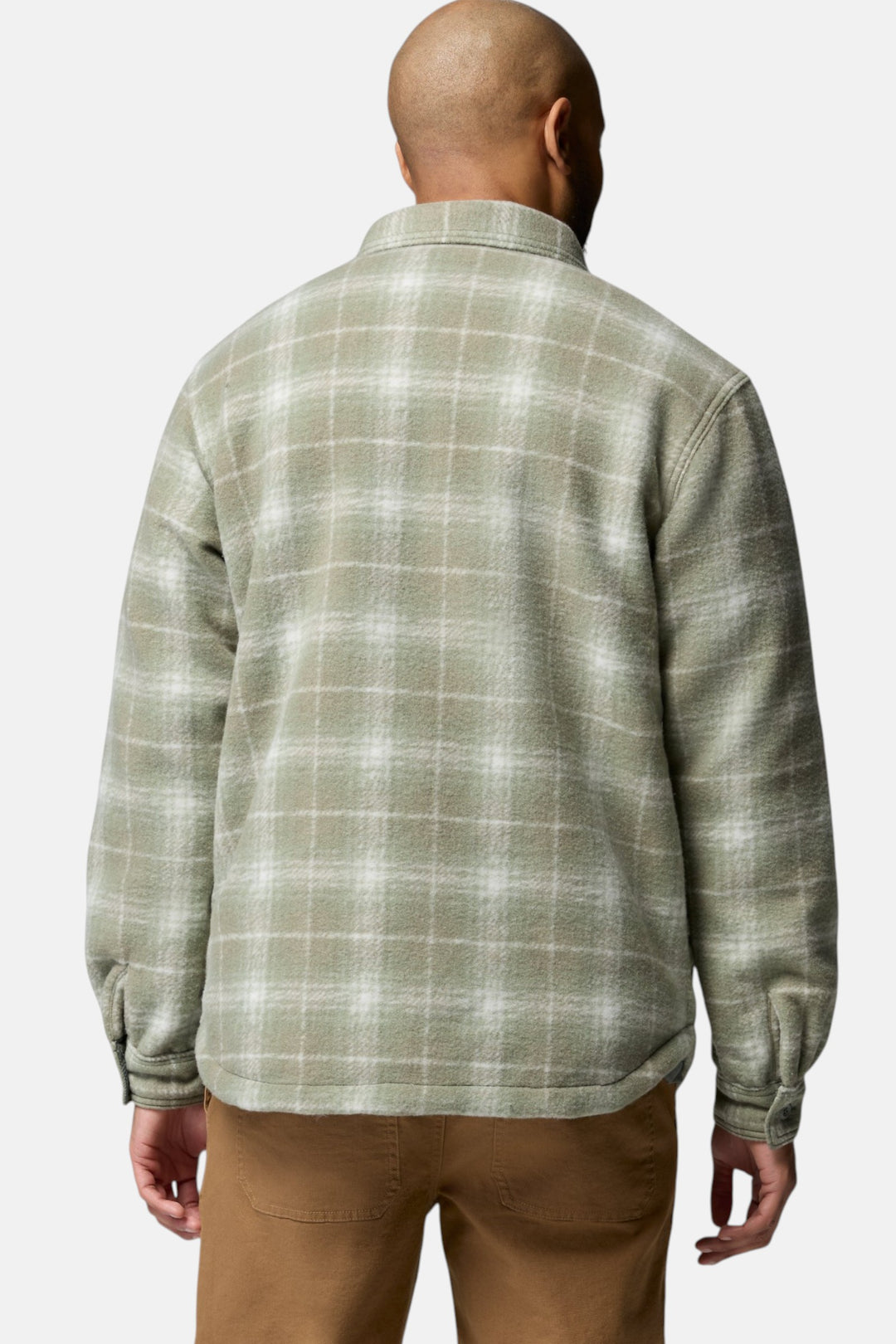 Men's sage green plaid shirt jacket, back view with long sleeves and buttoned yoke