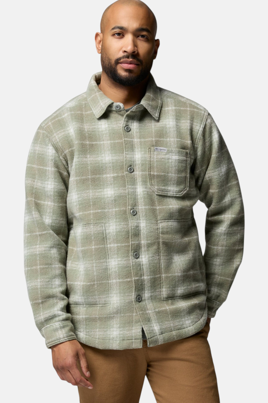 Men's sage green plaid shirt jacket with long sleeves, button front, and chest pockets
