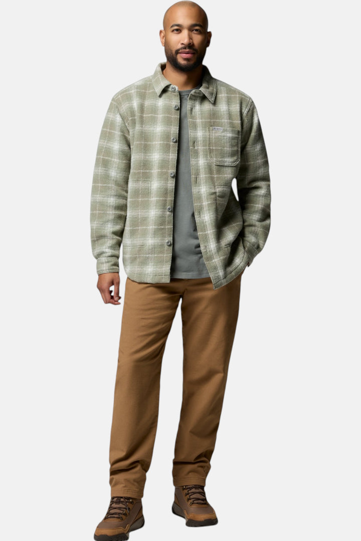 Men's sage green plaid shirt jacket with button front, point collar, and chest pockets