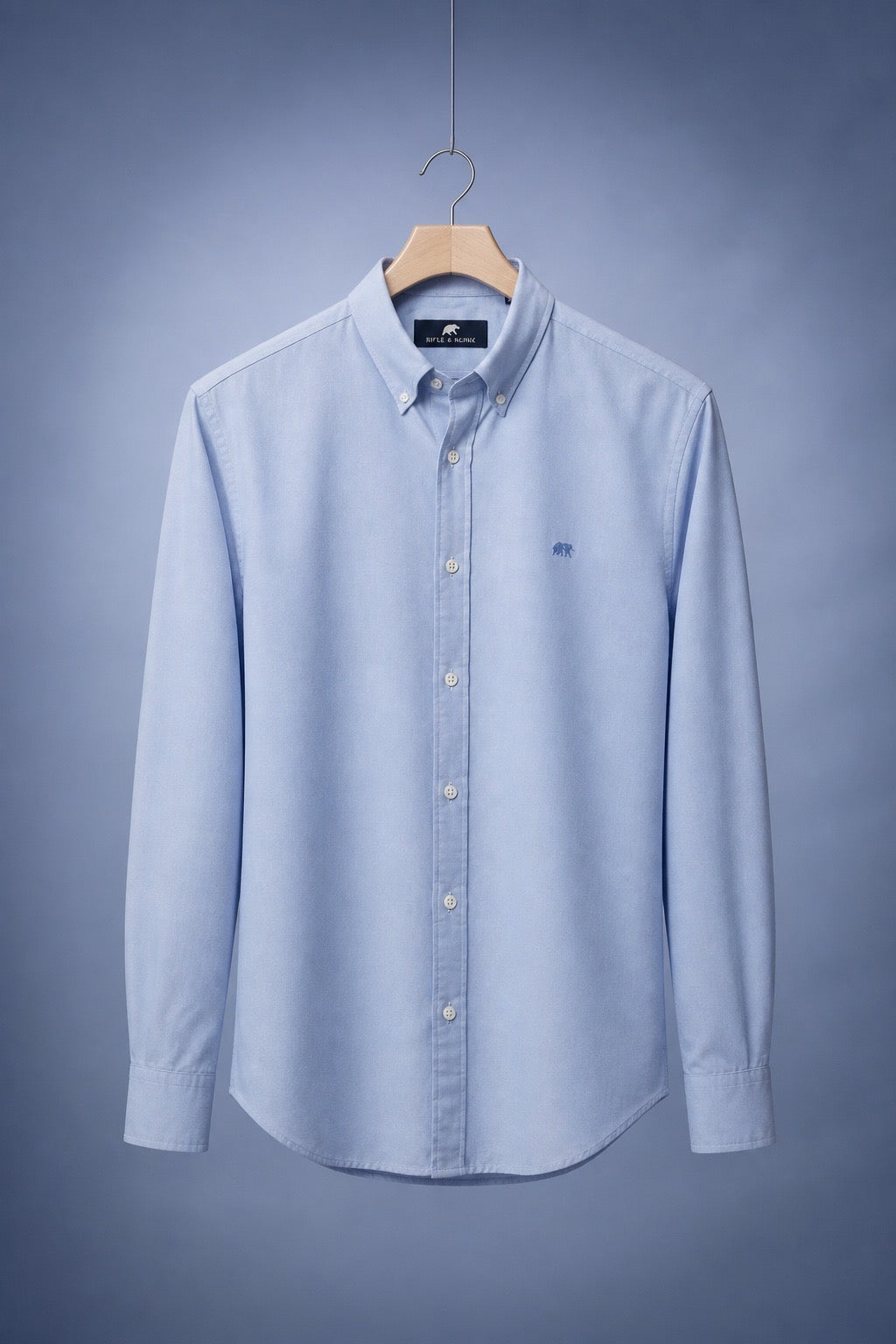 Rivet & Denim blue Oxford button-up shirt, point collar, long sleeves, button front