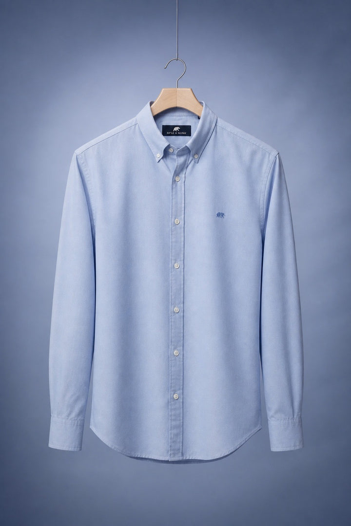 Rivet & Denim blue Oxford button-up shirt, point collar, long sleeves, button front