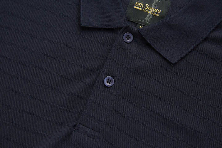 Dark navy polo shirt with buttoned placket and short sleeves