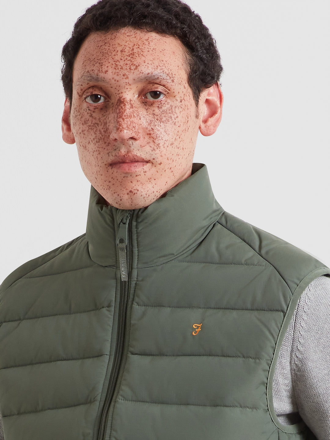 Farah Kennedy wadded gilet in rosemary olive green, full zip and stand collar