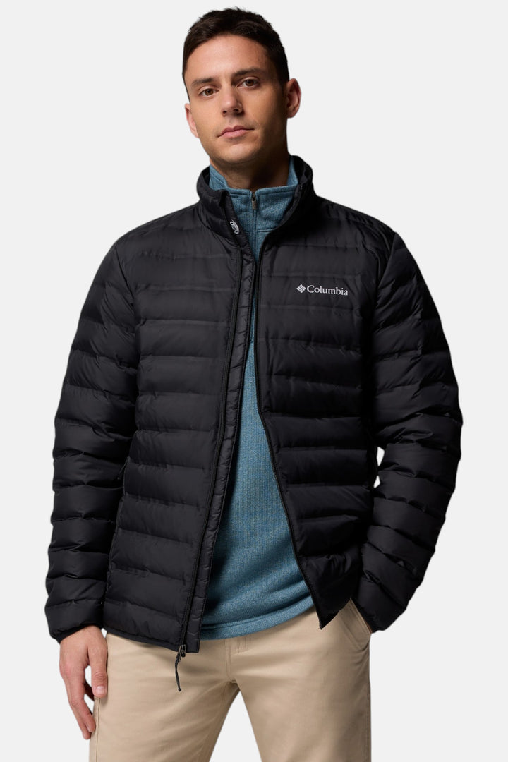Black puffer down jacket, full front zipper and chest logo on stand collar
