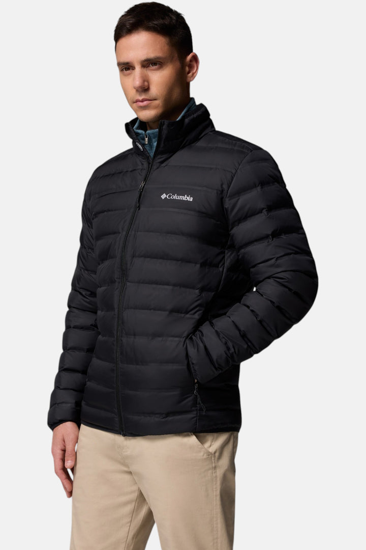 Black puffer down jacket with front zipper and chest logo, stand collar