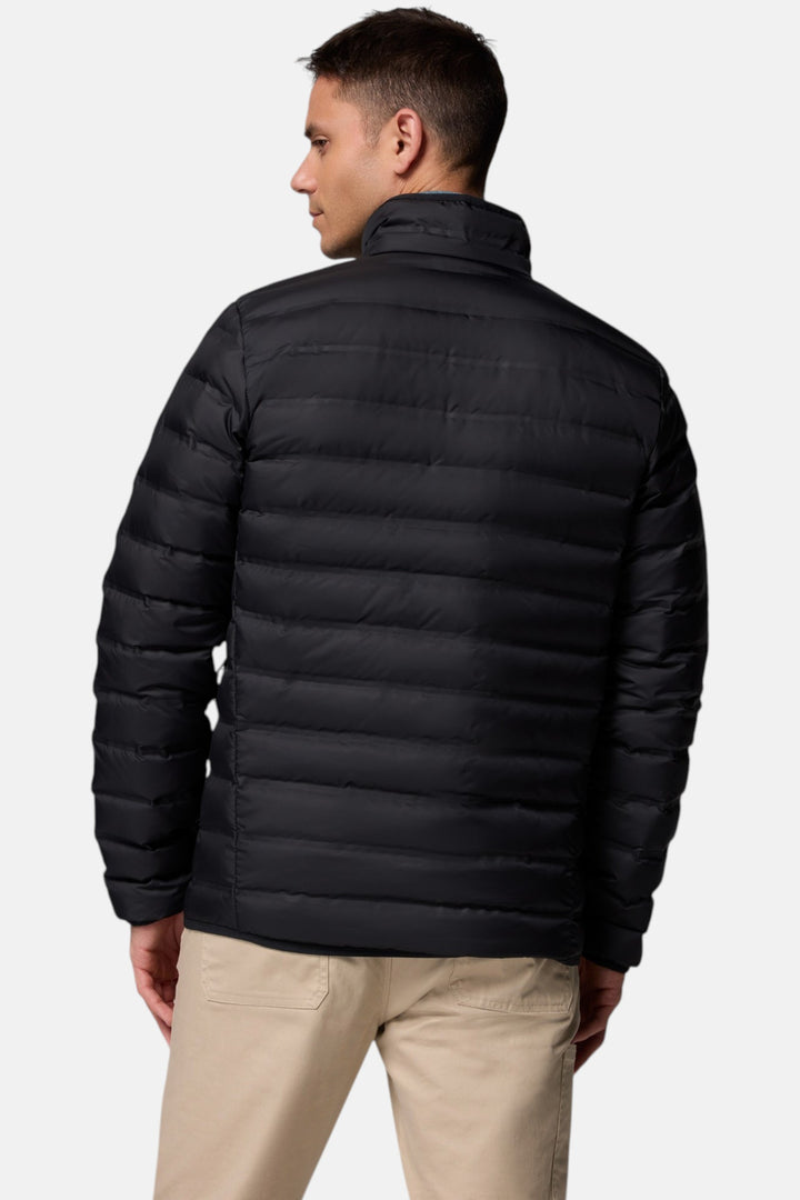 Black puffer down jacket back view with quilted baffles and stand collar