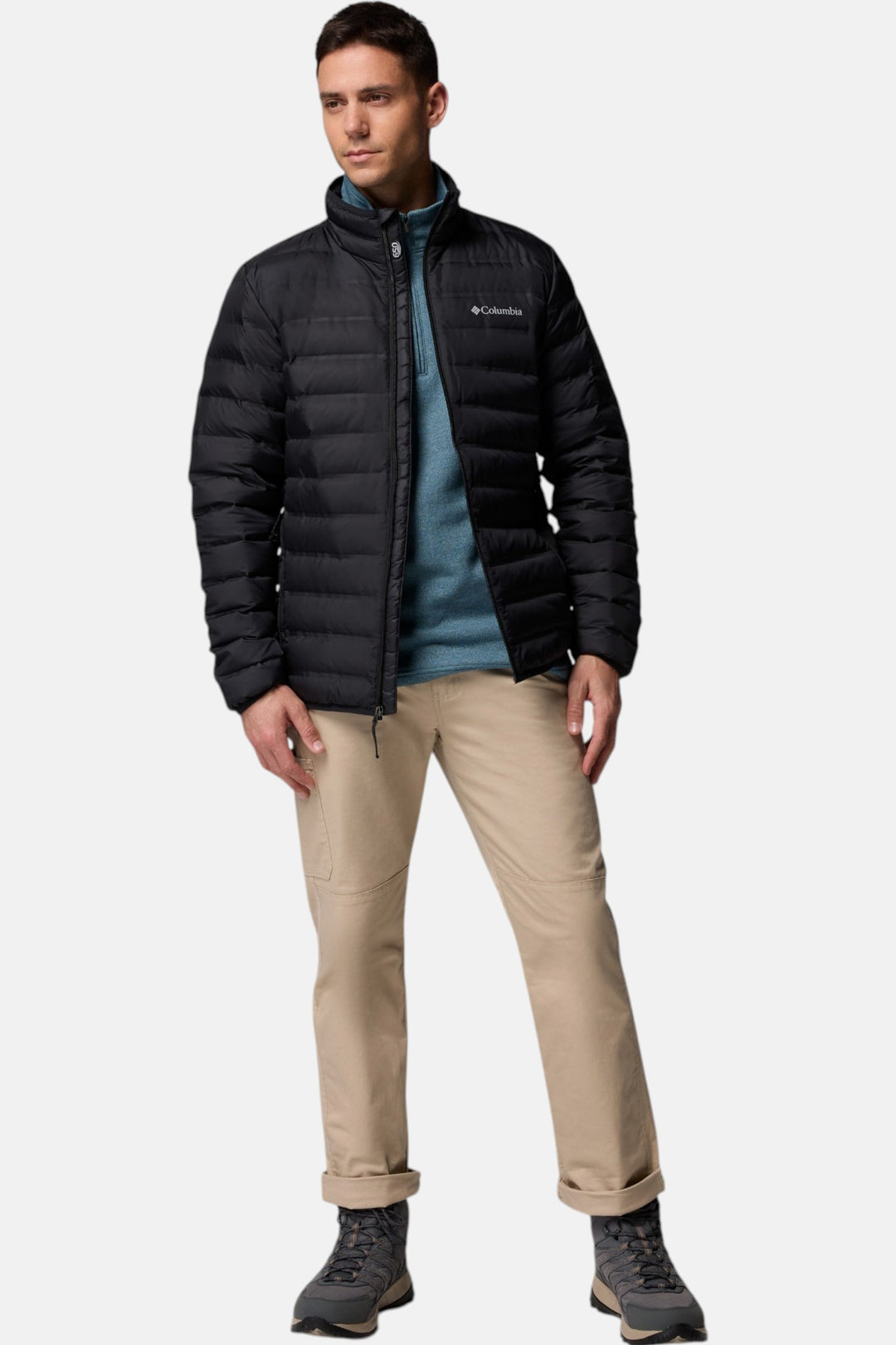 Black puffer down jacket with front zipper and chest logo, men's full length view