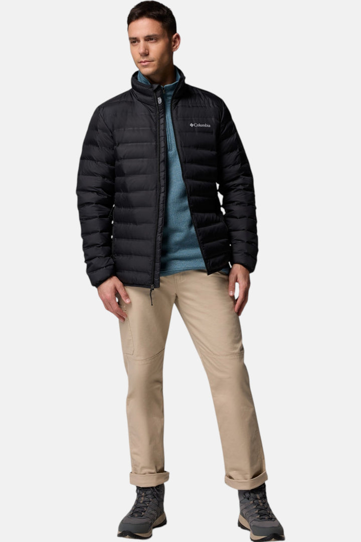 Black puffer down jacket with front zipper and chest logo, men's full length view