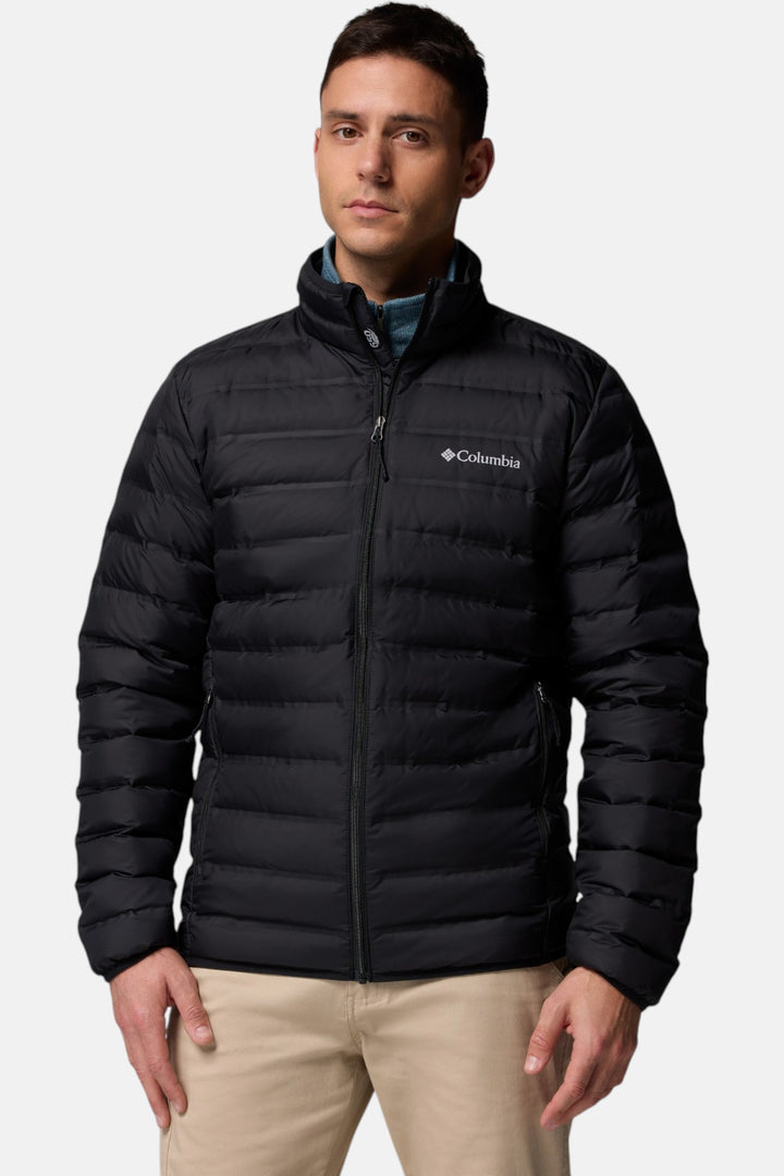 Black puffer down jacket with front zipper, chest logo, and side pockets
