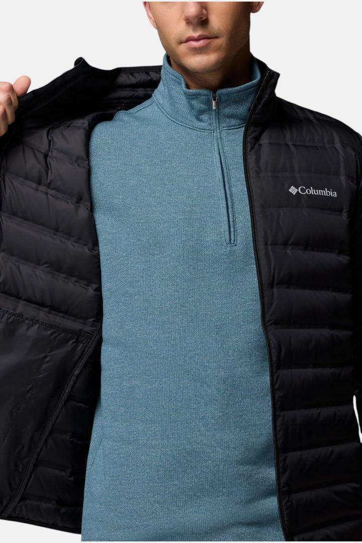 Black puffer down jacket with front zipper and stand collar, small chest logo
