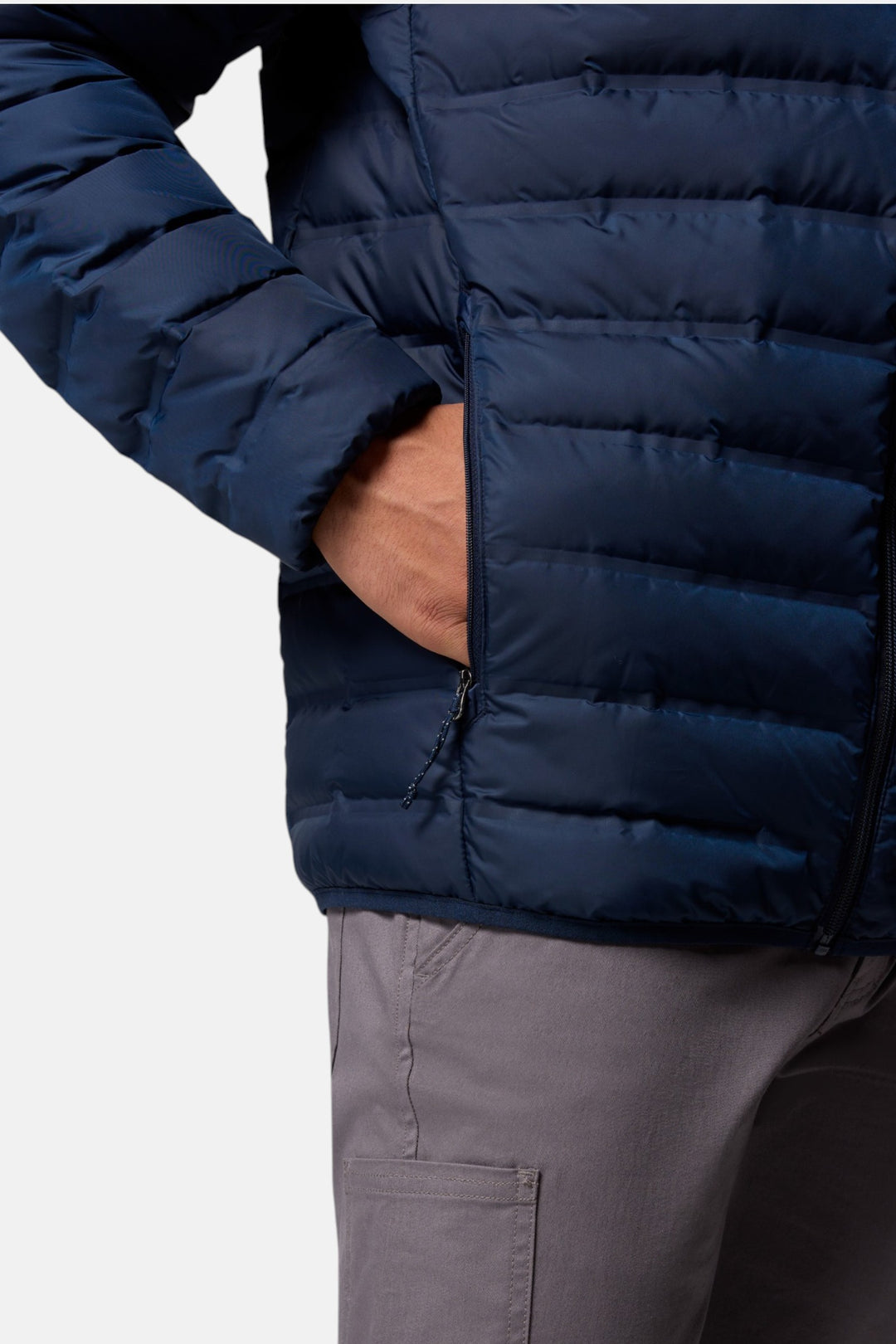 Men's navy down puffer jacket sleeve and chest pocket with zipper detail