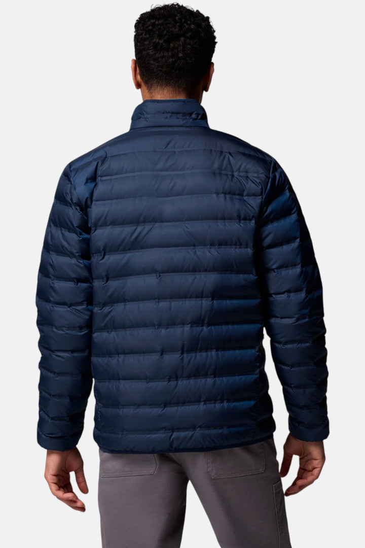 Men's navy down puffer jacket back view with quilted insulation pattern
