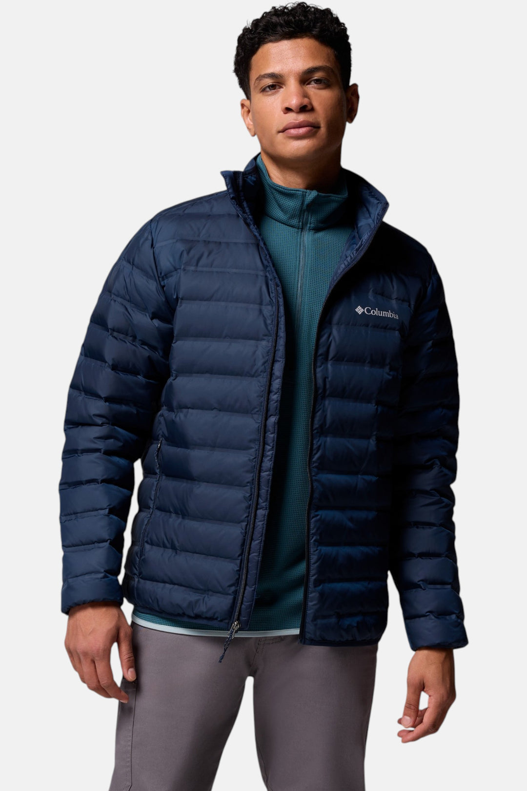 Men's navy down puffer jacket front view with full-zip and stand collar