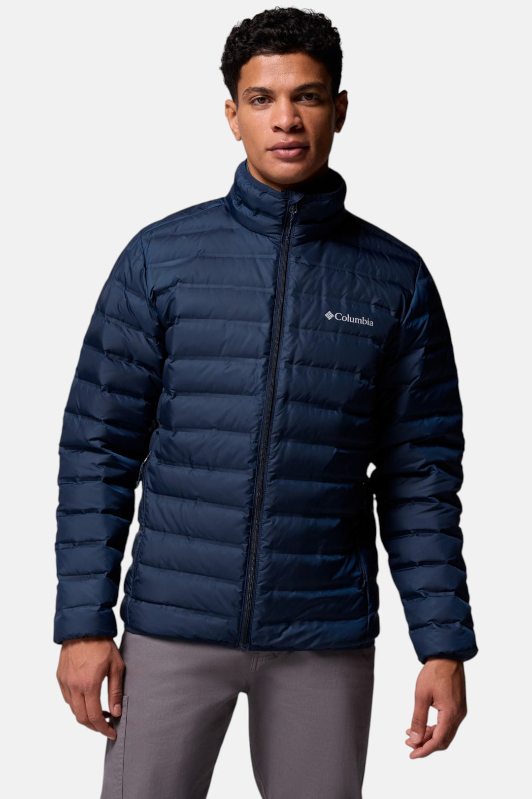 Men's navy down puffer jacket with full-zip front and stand collar