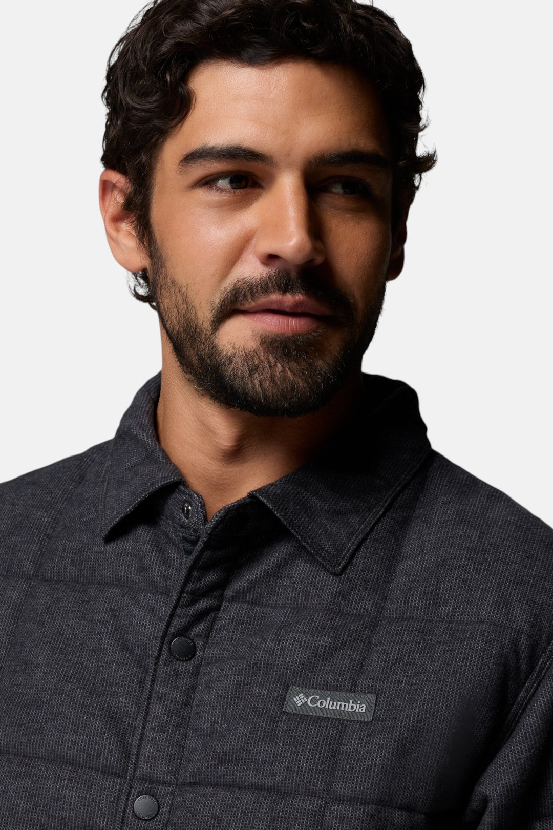 Columbia Landroamer™ II quilted shirt jacket close-up, black buttons and Columbia logo
