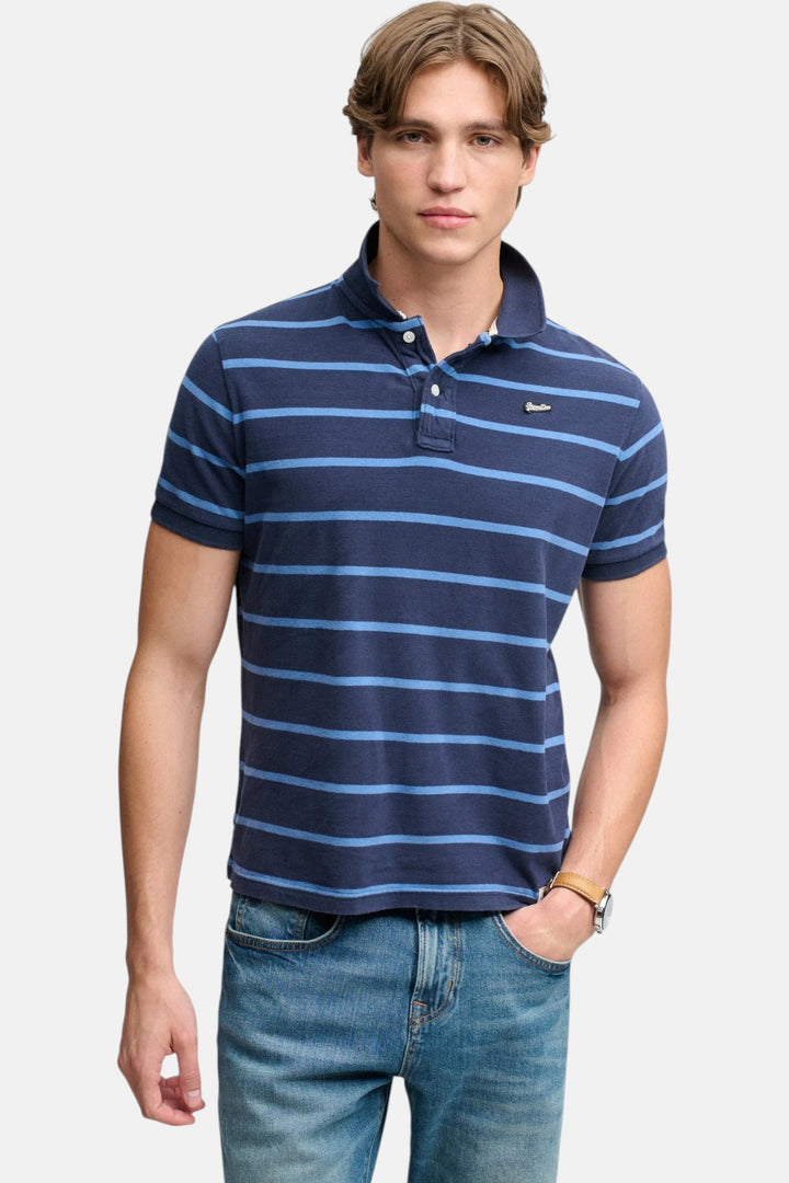 Men's navy blue striped jersey polo shirt with short sleeves and button collar
