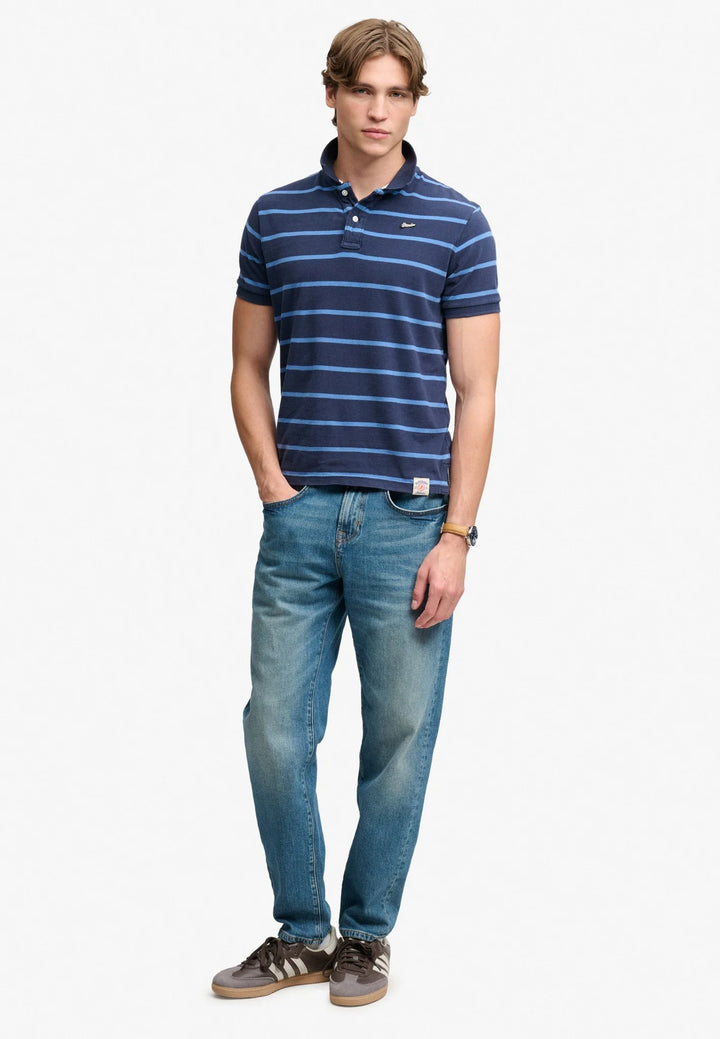 Navy blue striped jersey polo shirt with short sleeves and three-button placket