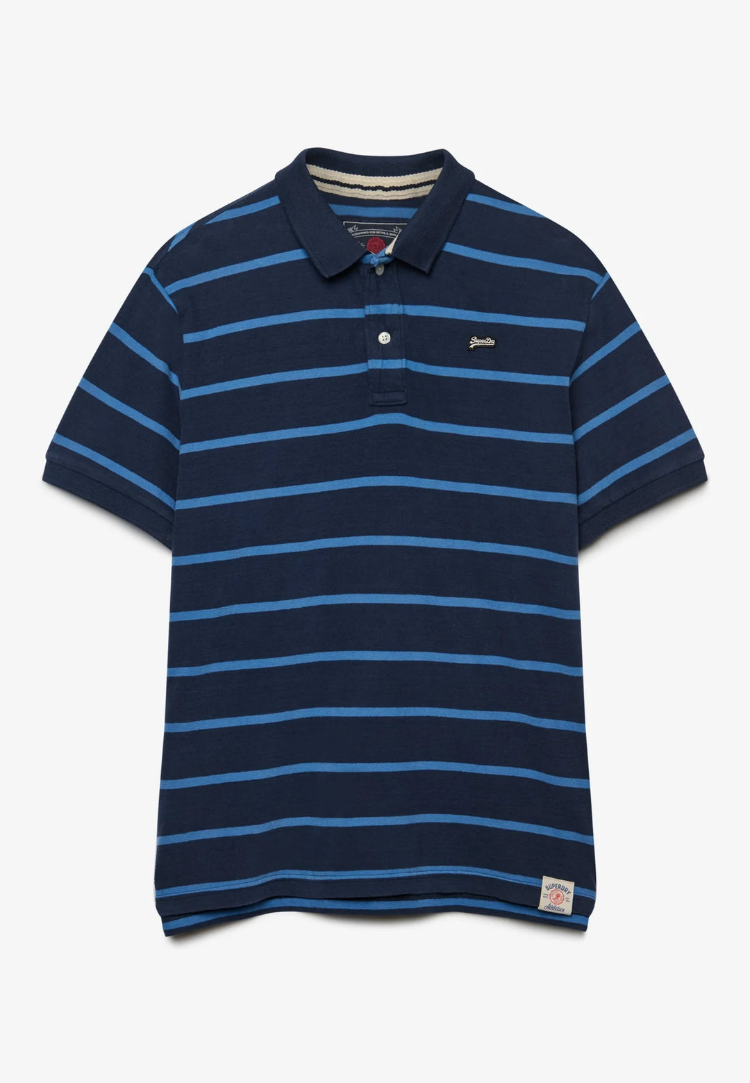 Navy blue striped jersey polo shirt with ribbed collar and short sleeves