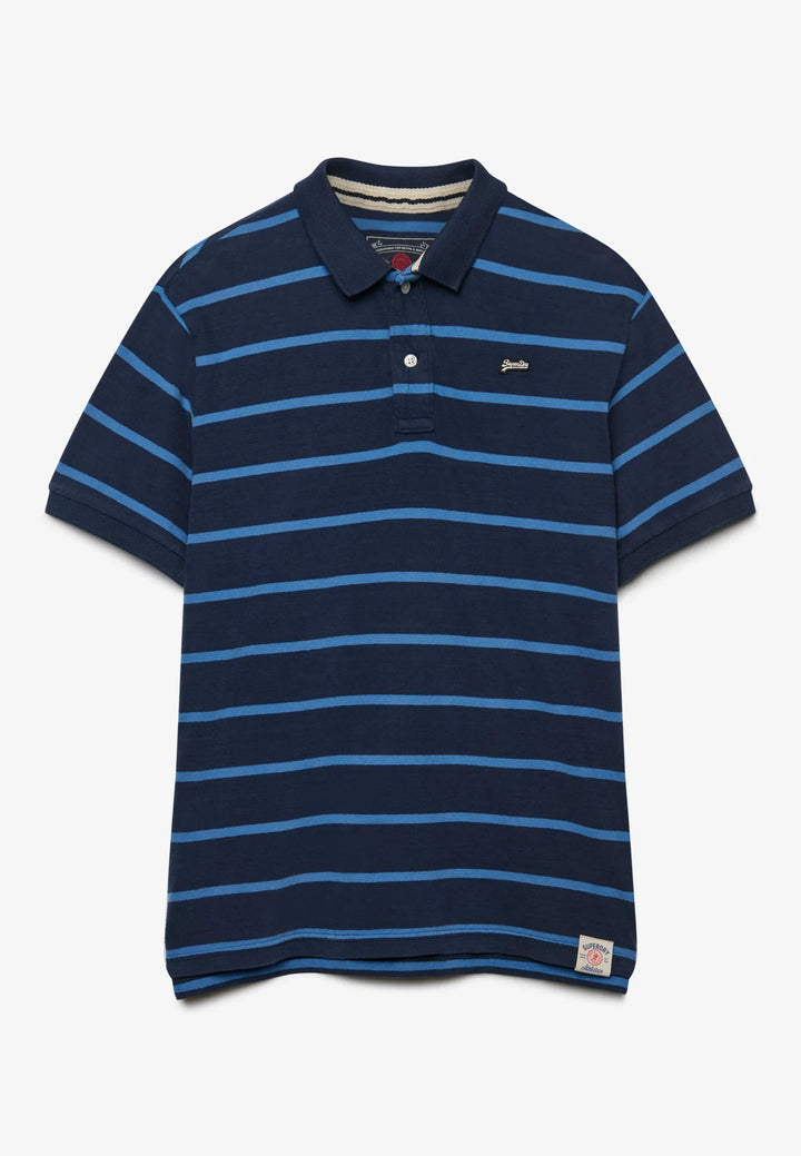Navy blue striped jersey polo shirt with ribbed collar and short sleeves