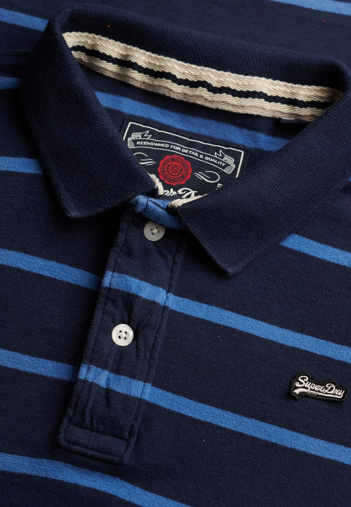 Navy blue striped jersey polo shirt, button placket, ribbed collar, logo chest