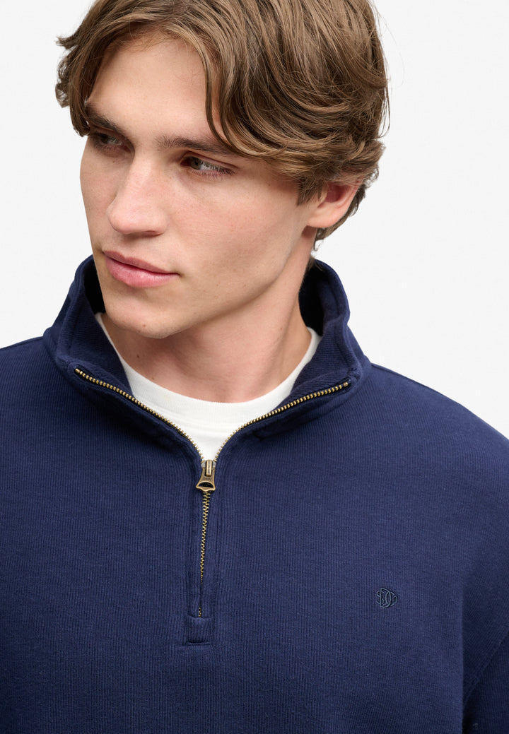 Navy half-zip sweatshirt top with zip placket and stand collar, small chest logo