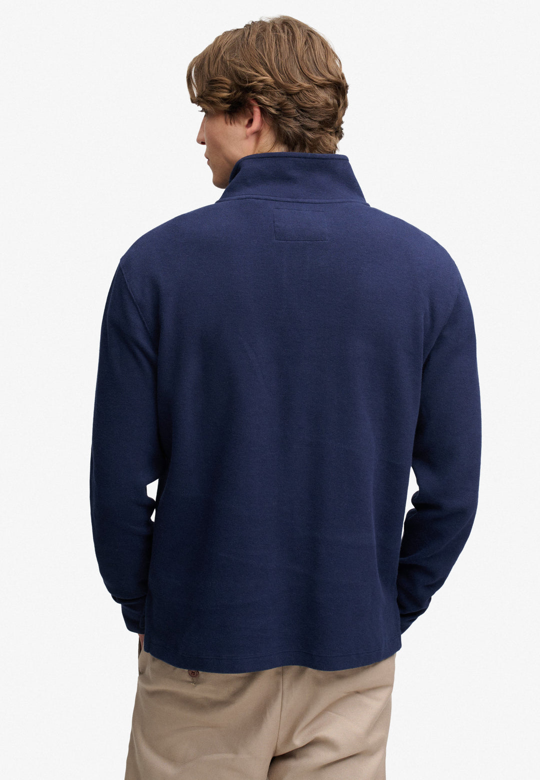 Navy half-zip sweatshirt top, full back view with stand collar