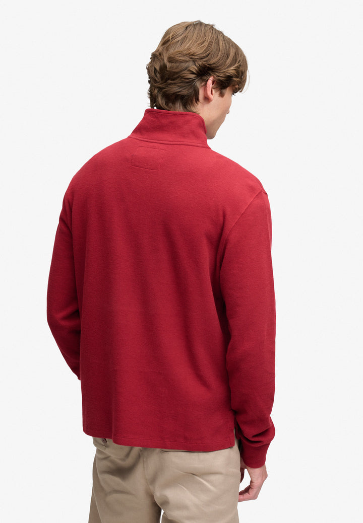 Men's burgundy half-zip knit top, back view with ribbed collar and cuffs