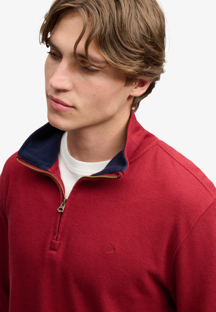 Men's burgundy half-zip knit top with contrast navy inner collar and yellow trim