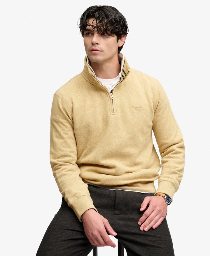 Men's tan Superdry half-zip sweater with stand collar and short zip